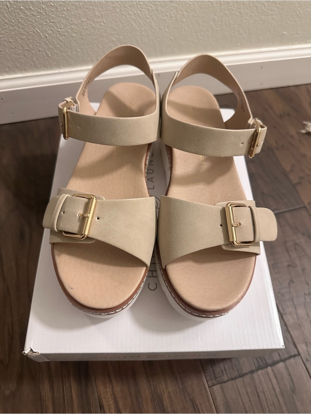 Chinese Laundry Beige Gold-Buckle Wedge Sandals